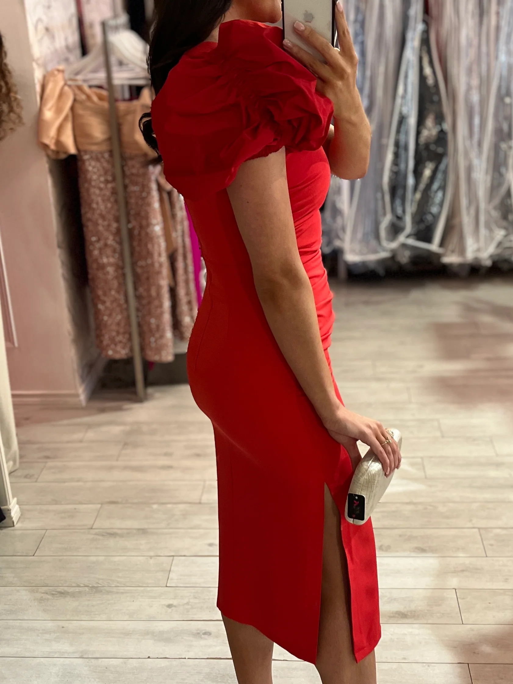 Red Puff Sleeve Dress With Side Cut Out - Image 3