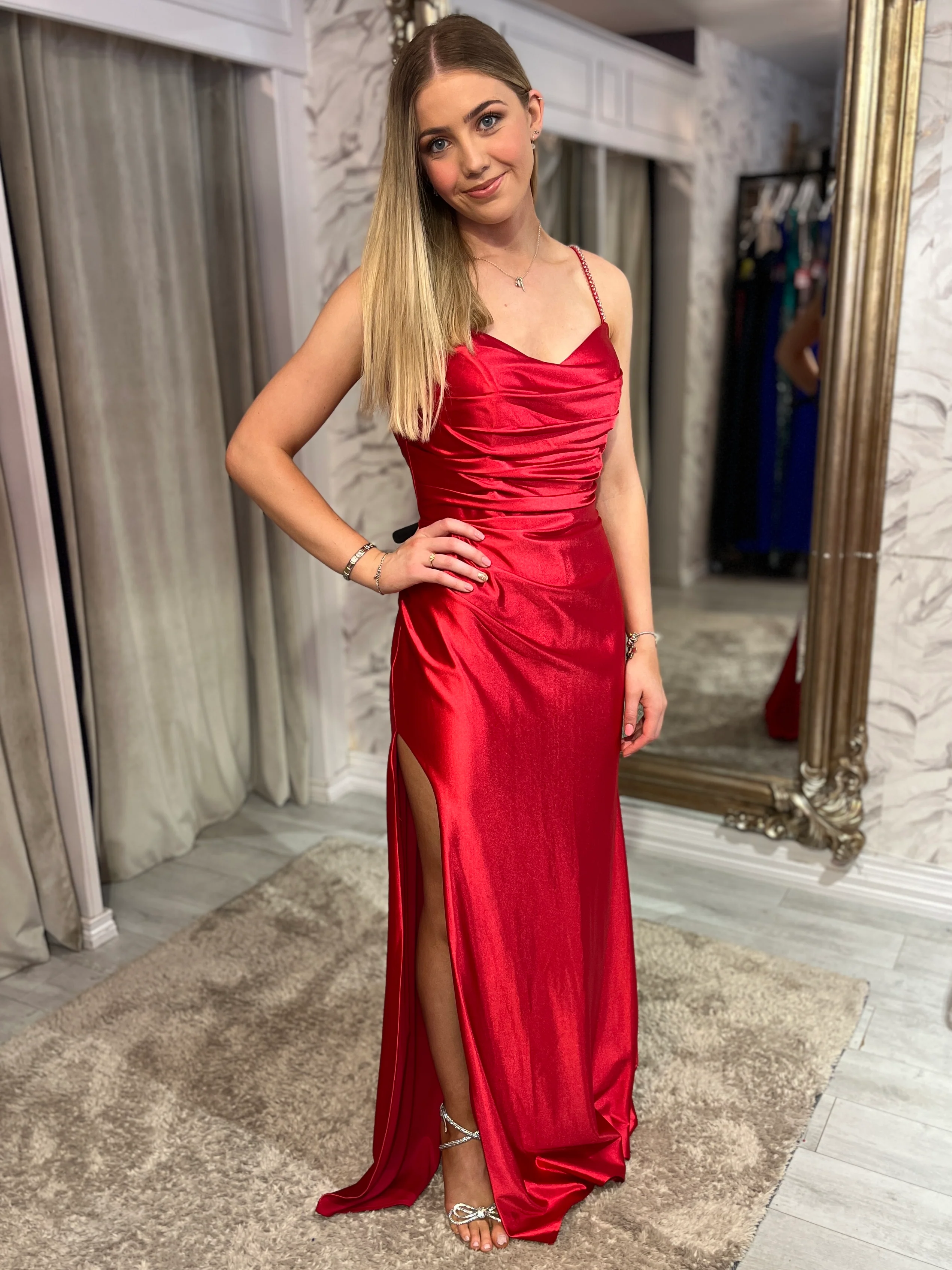 Red Satin Effect Fitted Dress With Diamonte Straps - Image 3