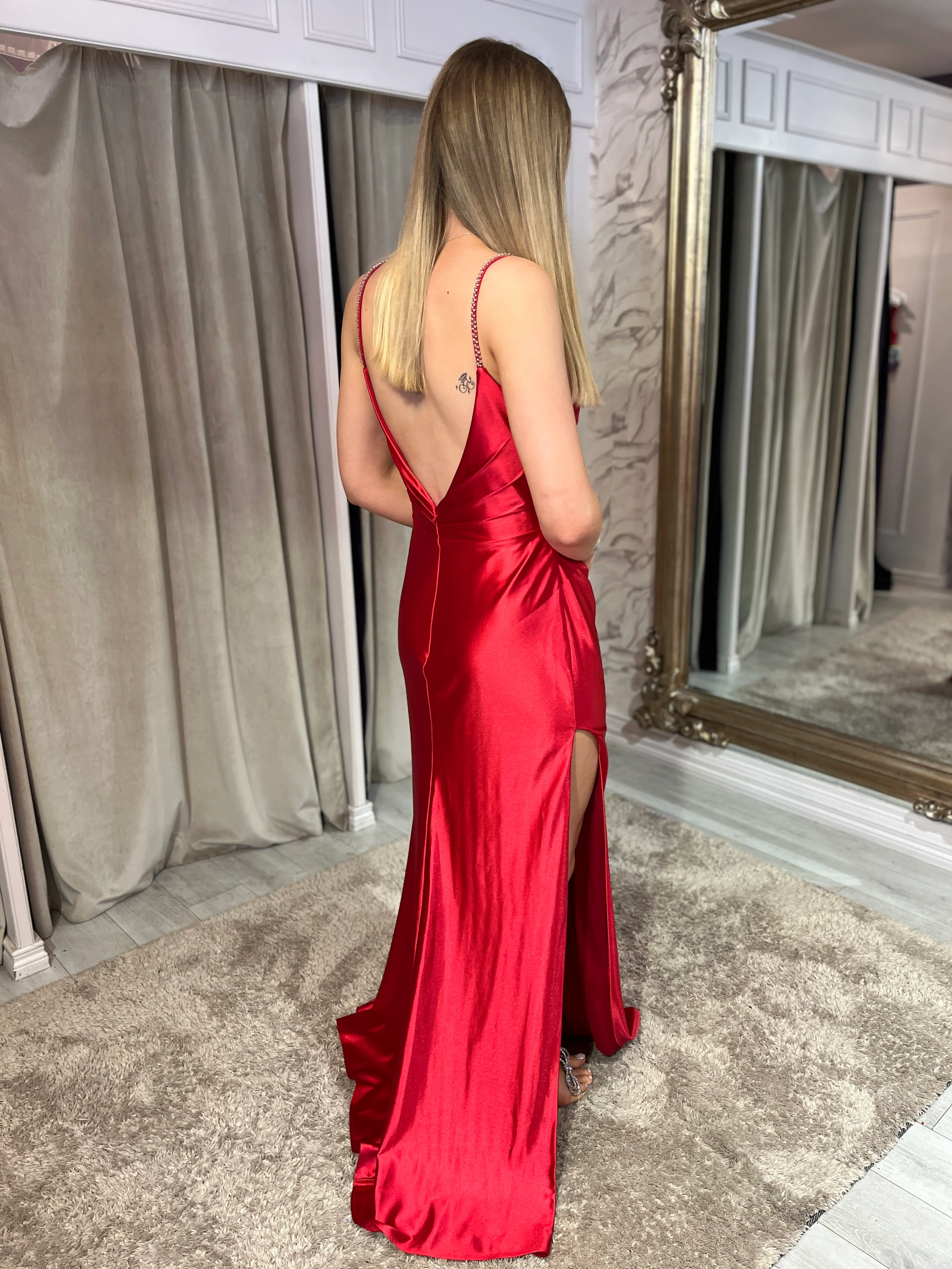 Red Satin Effect Fitted Dress With Diamonte Straps - Image 4