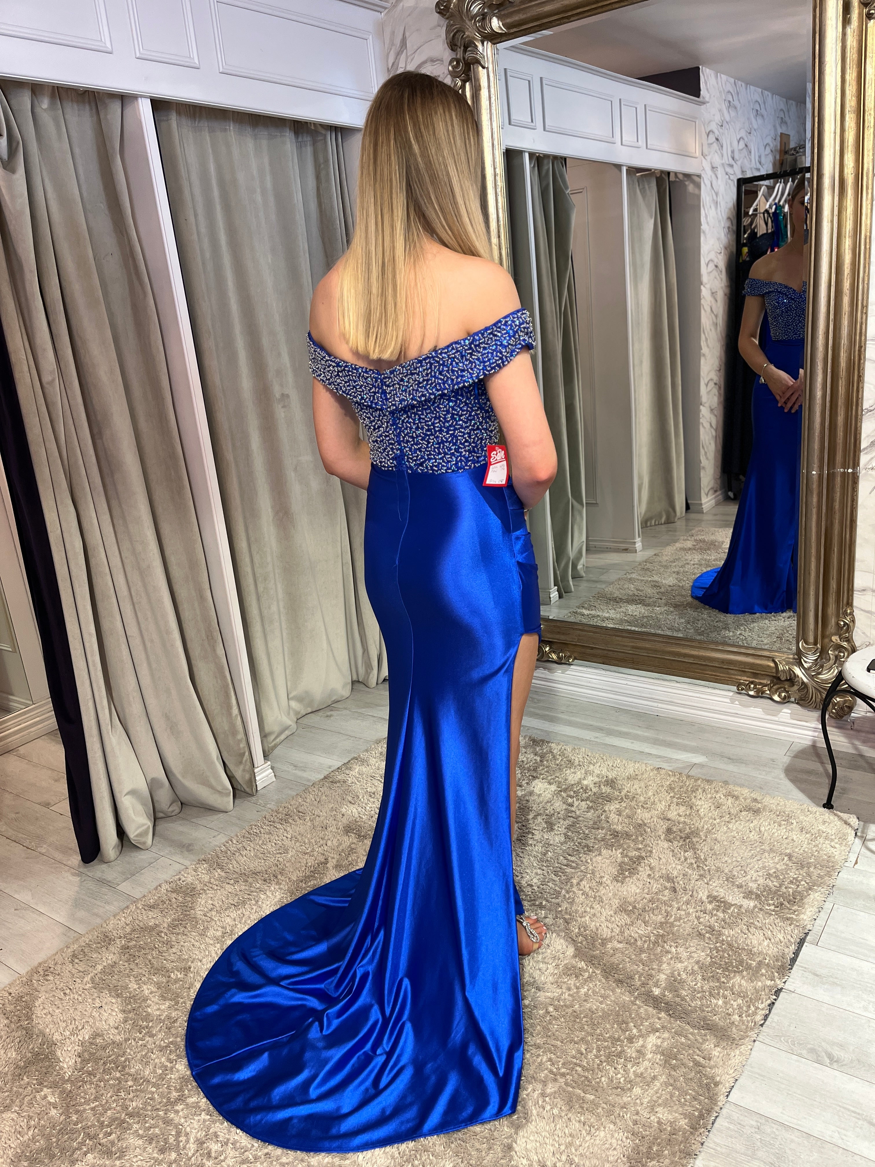 Royal Blue Beaded Top Bardot Dress With Side Split - Image 3