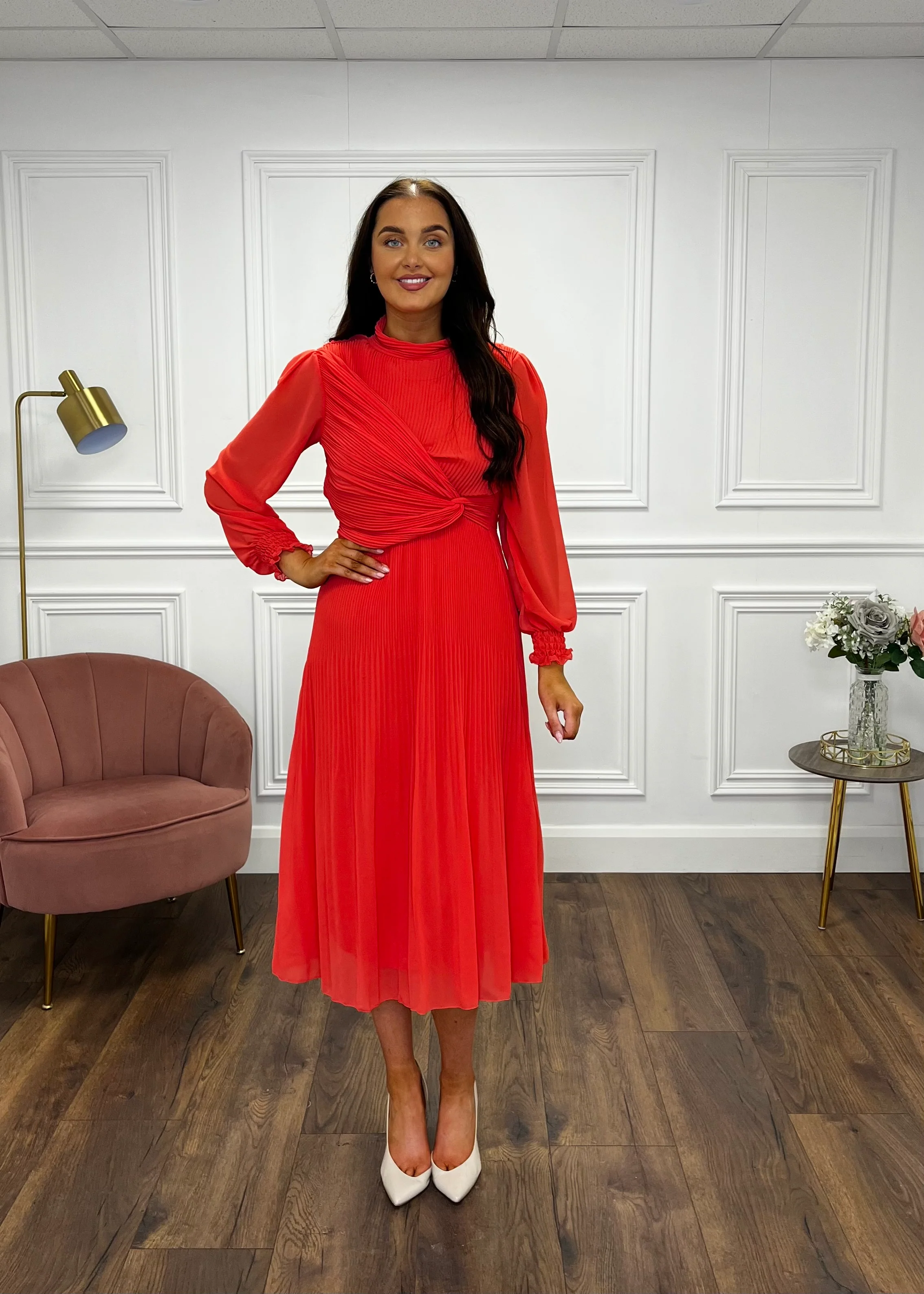 “Sophie” Pleated Dress In Coral - Image 4