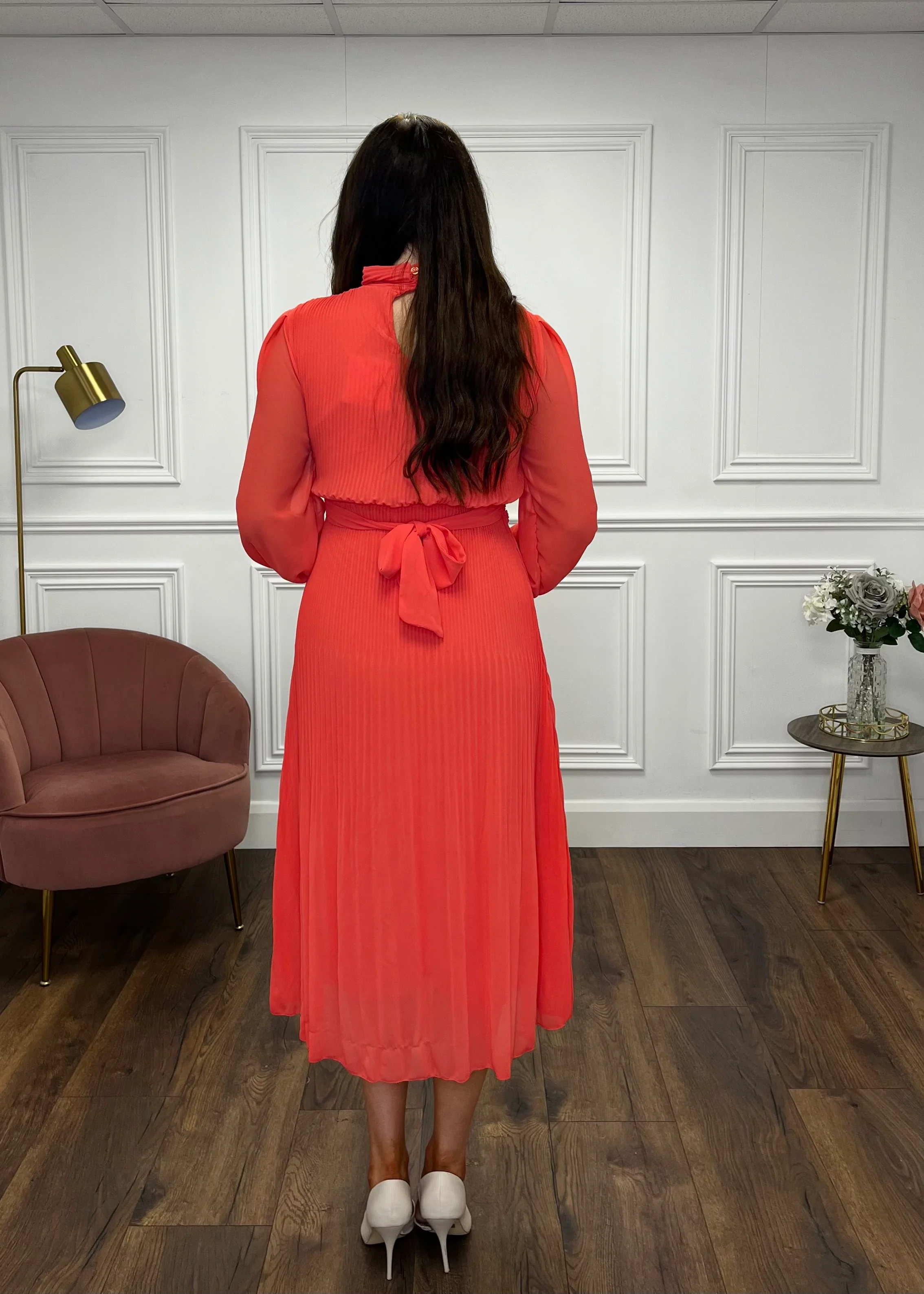 “Sophie” Pleated Dress In Coral - Image 5
