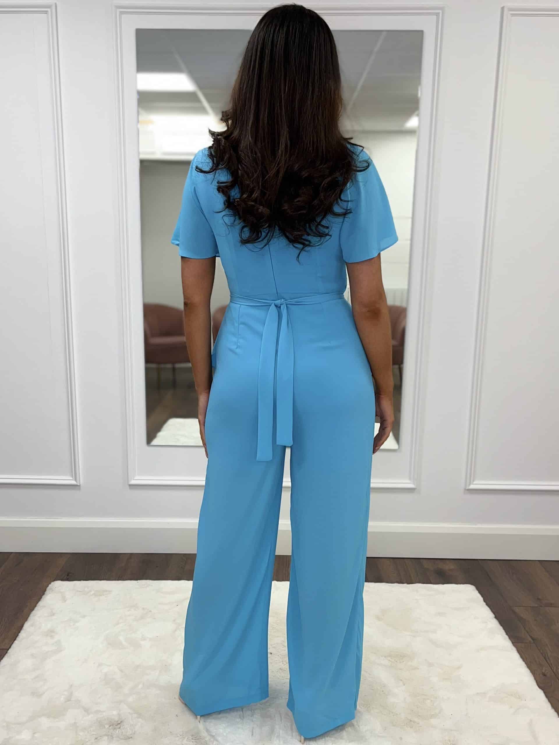 Turquoise Wide Leg Jumpsuit With Frill Detail - Image 4